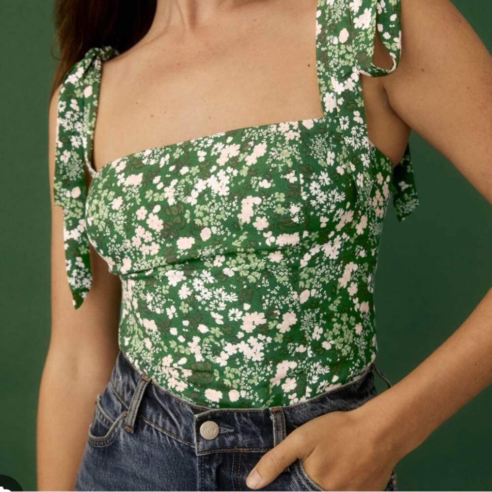 Reformation Ellora Floral Green Tie Shoulder Tank Top